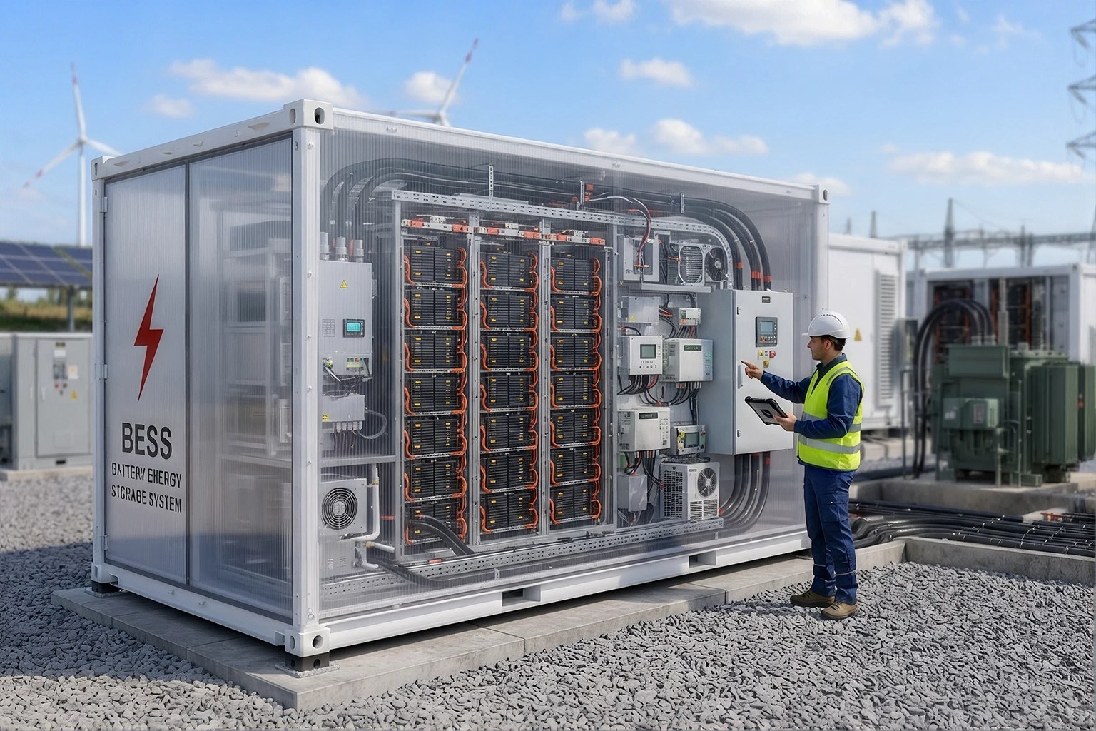 Engineer checking the control panel of a containerized battery energy storage system at a substation