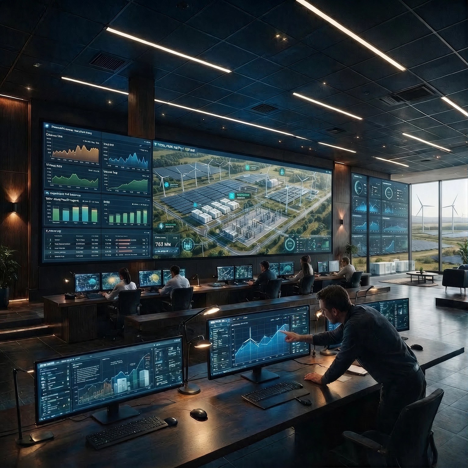 Operators in a renewable energy control room monitoring solar, wind and storage sites on a large video wall